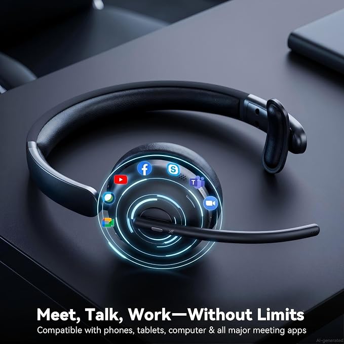 Wireless Headset with Mic for Work, Bluetooth Headset with Microphone AI Noise Cancelling, 65H Battery Headset with Microphone for PC with Fast Charge & Mute Button for Laptop/Call Center/Computer