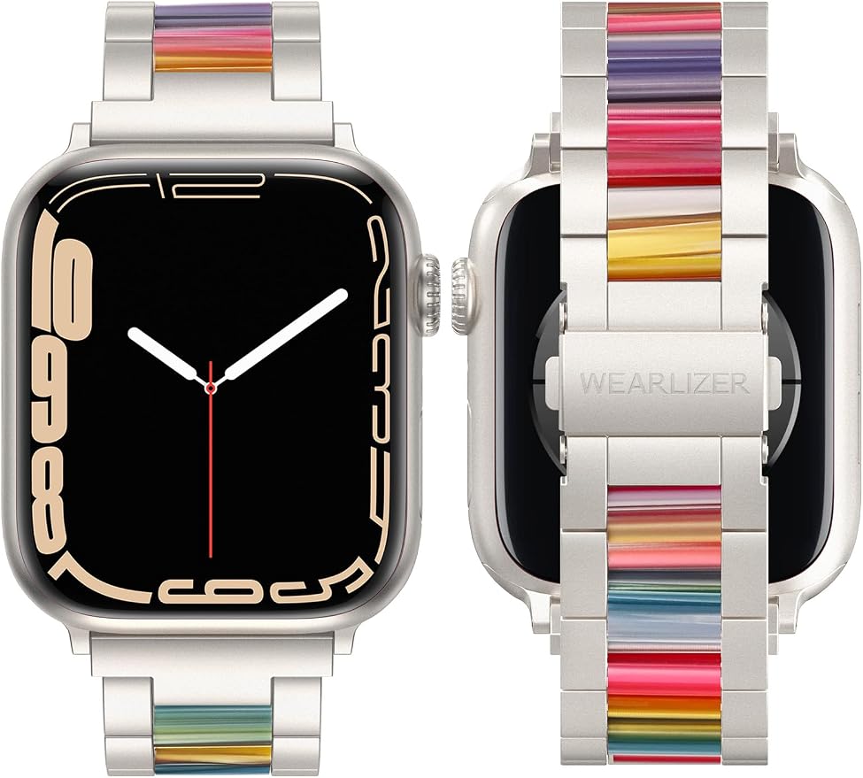 Wearlizer Compatible with Apple Watch Band 42/44/45/46/49mm Fashion Wristband Women, Stainless Steel+Resin Metal Replacement for iWatch Series 11 10 9 8 7 6 5 4 3 SE/Ultra 3 2 1-Starlight+Rainbow
