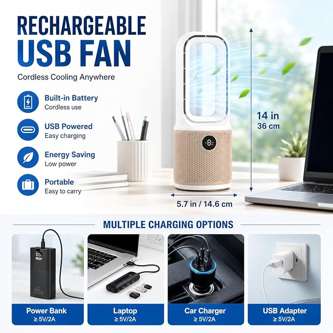 13.5" Bladeless Desk Fan, Quiet USB Rechargeable Portable Fan with 9 Speeds, 60° Oscillation, 1-9H Timer & 3-Level LED Night Light, Personal Cooling Fan for Bedroom, Office Desktop, Child & Pet Safe