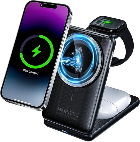 Upgraded 3-in-1 Magnetic Wireless Charger, Foldable Charging Station, Electromagnetic Induction Base,Compatible with MagSafe,Compatible with iPhone 12-17 Series, Apple Watch, and AirPods