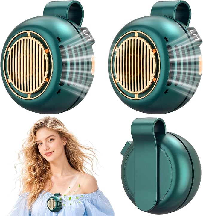 2 Pack Portable Silent Mini Bladeless Fan Clip On 5 Adjustable Speeds Digital Display 360 Rotatable USB Rechargeable Electric Small Fan for Shirt Waist Outdoor Travel(Green)