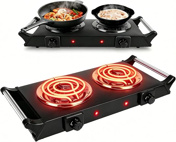 2000W Hot Plate Electric Stove, Portable Cooking Stove w/Cooling Handle, 5 Levels of Adjustable Temperature, Countertop Burners Dual Coil Burner for Home RV Camping, Fits All Cookware