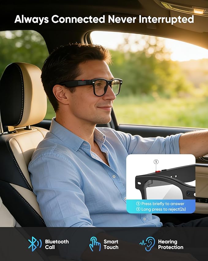 CJkao Smart AI Glasses with Camera for Men, HD Camera Video Recording, Voice Assistant Control, Bluetooth Music Glasses for Teenager(G3-White)
