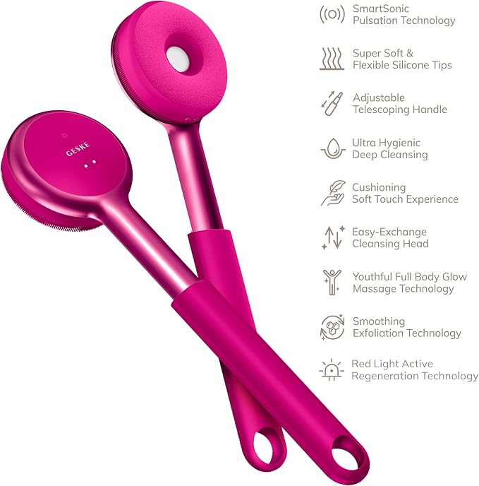 GESKE LED Sonic Full-Body Brush | 9 in 1 | Body Cleansing Brush & Intensive Exfoliator with LED | with SmartSonic Pulsations | Expert Deep Cleansing & Massage | Rough Skin Remover | Adjustable Handle