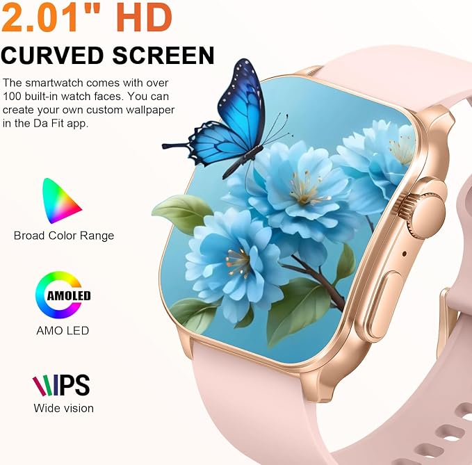 Smart Watch, 2.01" AMOLED Curved Touchscreen Fitness Watch for Women, IP68 Waterproof, 24/7 Heart Rate/Sleep Monitor, Fitness Tracker with Pedometer, 120+ Sports Modes, Smartwatch for Android iOS Pink
