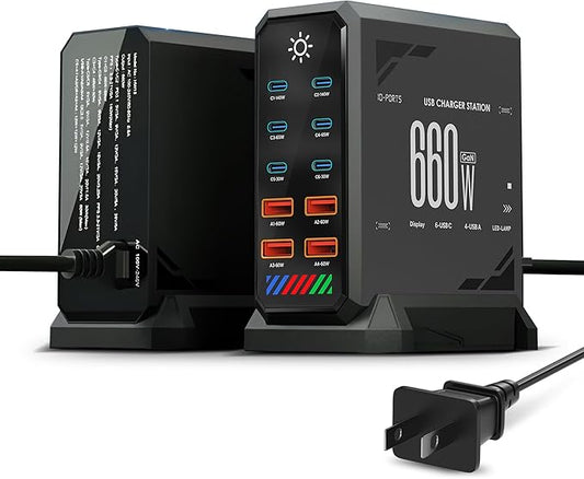 600/660W 10-Port Charging Tower – 6×USB-C & 4×USB-A, Touchscreen Light Control, Graphite Black with Silver Trim – ZOVLEC Multi-Device Fast Charging Station for Laptops & Phones