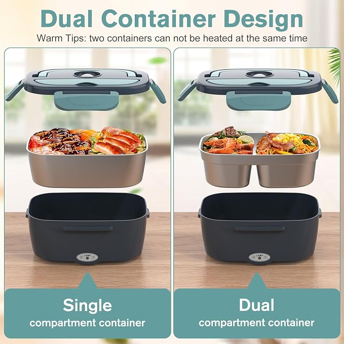 Herrfilk Electric Lunch Box Food Heater, 3 in 1 Ultra Quick Heated Lunch Boxes for Adults, 12V/24V/110V Portable Food Warmer for Car/Truck/Office With Fork Spoon and Insulated Carry Bag