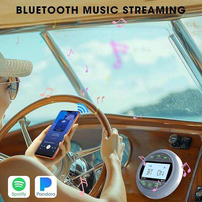 Bluetooth Marine Stereo Receiver: Waterproof Gauge Radio System - Digital MP3 Player 2.8 Inch LCD Display AM FM USB AUX Subwoofer for Boat ATV UTV Off-Road Vehicles