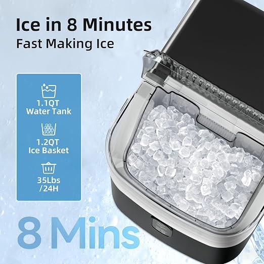 Antarctic Star Nugget Ice Makers Countertop, Pebble Ice Machine with Chewable Pellet Ice, 35Lbs/24H, Self-Cleaning, Sonic Ice, One-Click Operation, for Kitchen,Party Stainless Steel Black