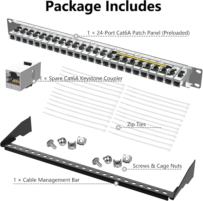 Jadaol [UL Listed] 24-Port Shielded Cat6A Patch Panel, 19” 1U Rackmount/Wall Mount Feed-Through RJ45 Panel with 24 Preloaded Shielded Keystone Couplers + 1 Spare, Up to 10Gbps, Cable Management Bar