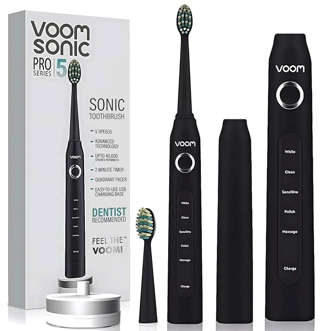 Voom Sonic Electric Toothbrush – Bathroom Essentials & Travel Essentials – Ultrasonic Electric Toothbrush for Adults – USB Rechargeable 40,000 Strokes/Minute – 5 Speeds – Pro 5 Series (Black)