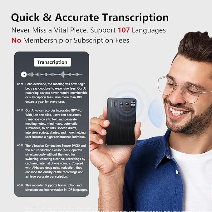 Note AI Voice Recorder, No Fees ChatGPT Transcription/Summary & 30 Smart Templates, App/Web Sync Voice to Text Recorder with 107 Languages & 64GB Memory, Ideal for Work, Lectures, Meetings, Calls