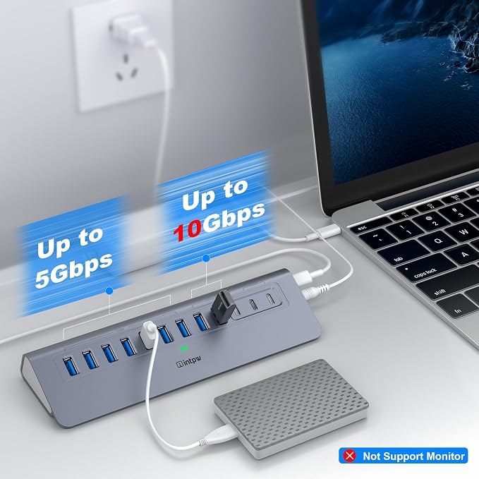 Powered USB Hub 10Gbps, intpw YH9AC 12-Port USB Splitter with USB A/USB C 3.2, 7 USB 3.0, 2 PD 45W Charging Ports, 65W Power Adapter + 3.3FT Cable, Aluminum USB Extender Hub for Laptop/PC/iPhone 16/15