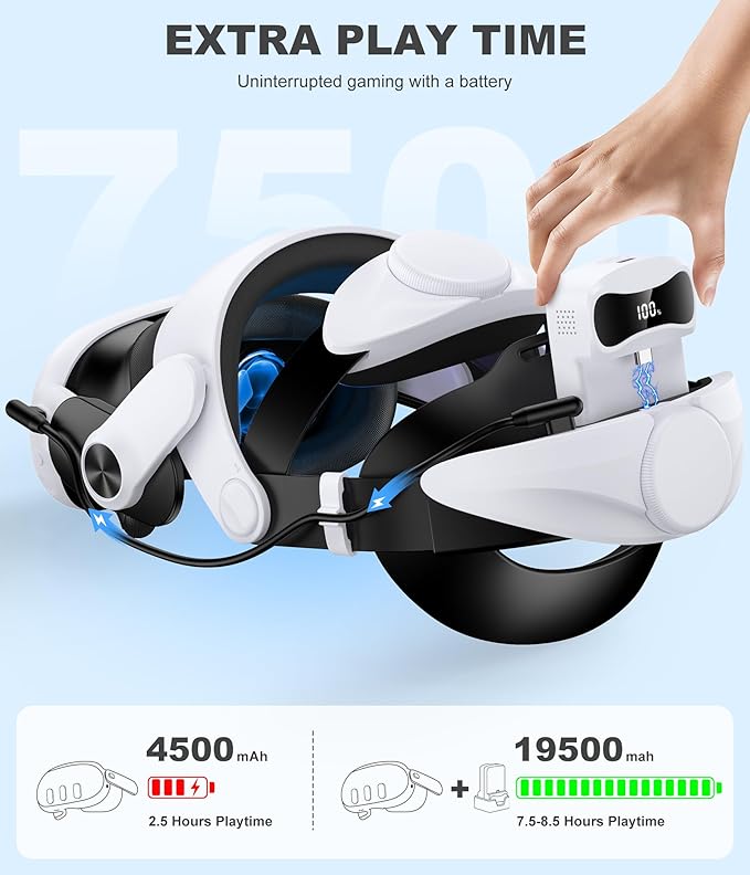 DXKK Head Strap for Meta Quest 3/3s/2 with 15000mAh Battery & Charger Dock- Extended 8H and Balanced, Double Adjustment Dials, Enhanced Comfort VR Headset Strap
