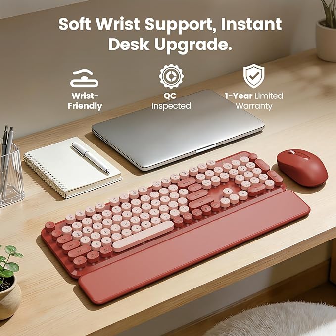 Wireless Keyboard and Mouse Combo with Magnetic Wrist Rest, Round Keycaps, Full-Size Retro Typewriter-Style Keyboard, Two-Stage Tilt Legs, Auto-Sleep, 2.4GHz Wireless for Windows PC Laptop, Wine Red