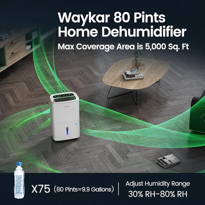 Waykar Max 80 Pint/D(Standard 62Pint/D) Energy Star Home Dehumidifier for Spaces up to 5,000 Sq. Ft, Ideal for Basement, Bathroom and Large Room with Drain Hose, Portable, Auto Defrost and Self-Drying