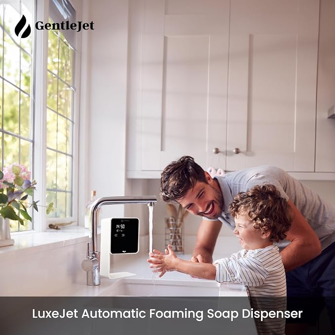 GentleJet LuxeJet Automatic Foaming Soap Dispenser Touchless Sensor, LED Display, 5 Foam Levels, Wall Mount or Countertop, Rechargable USB-C or Battery Powered, Aluminum Alloy, 480 ml Refillable