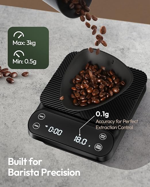 Maestri House S3 Coffee Scale with Timer, 3kg/0.1g Rechargeable Pour Over Coffee Scale, 3 Brew Modes, Adjustable Brew Ratios & Flow Rate Display, Scale for Pour Over, Espresso & French Press-Black