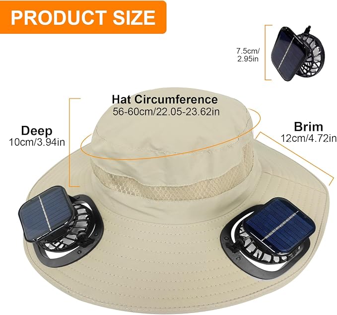 Solar Fan Hat Wide Brim Sun Hat with 2 Solar Fan, Solar Powered & USB Charging Hat Fishing Hat with Fan for Men