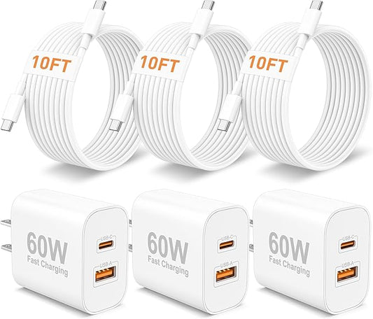 iPhone 17/17 Pro Max/17e Charger, 3-Pack 60W Super Fast Charging Dual Port USB C Wall Charger Block Cube with 10FT USB C Cable Cord for iPhone 17e/17/17 Pro Max/Air/16/15 Pro/Plus, iPad Pro/Air/Mini