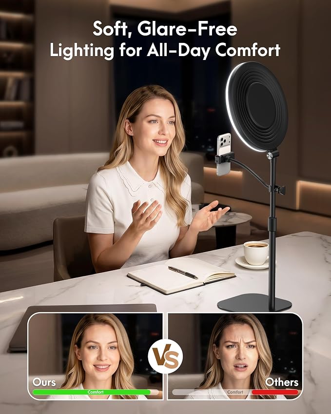 Full-Panel Ring Light with Stand and Extra-Long Flexible Phone Arm for Podcast & Streaming, 10" LED Video Light for Desk, Laptop & Computer, Dimmable Studio Lighting for Recording & Content Creation