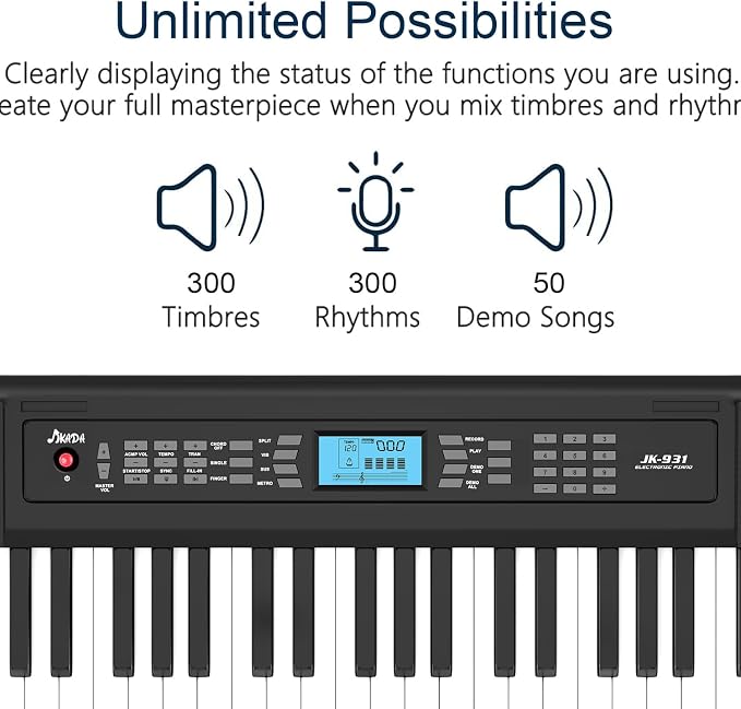 61 Key Keyboard Piano, Portable Electric Piano Keyboard w/LCD Screen, Built-In Speakers, Headphones, Stand, Stool, Music Rest, Microphone, 300 Timbres, 300 Rhythms