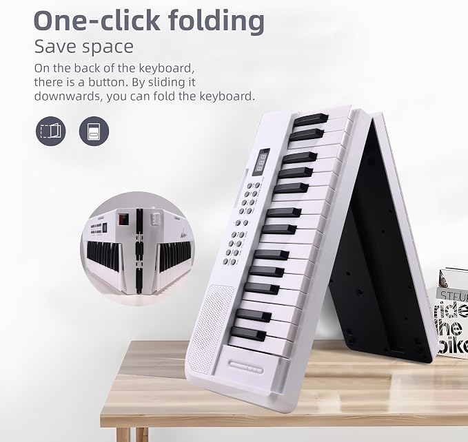 ADM 61 Key Folding Electric Piano Keyboard, Foldable Piano Electronic Keyboard, Wireless 128 Tones, 128 Rhythms Includes Pedal, Gig Bag, Headphones for Beginners, Students, Adults (White-Black)