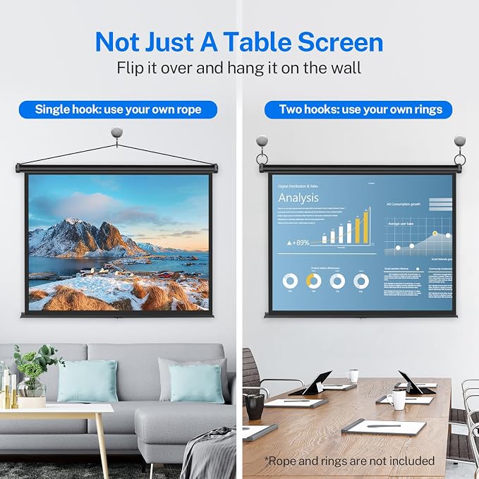 50 inch Small Projector Screen, Goldengrainv Retractable Pull Up Screen, Floor Projector Screen, 16:9 4K Portable Screen for Projector, Roll Down Movie Screen for Gaming Indoor, Mini White Screen
