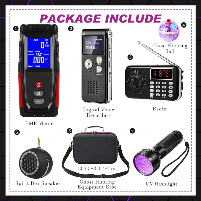 Dunzy 8 Pcs Ghost Hunting Equipment Kit, Include 1 Emf Meter 1 EVP Voice Recorders 1 Spirit Ghost Hunting Research Case 1 Flashlight 1 Speaker 2 Motion Light up Cat Balls 1 Radio(Emf Meter 2, Radio 1)