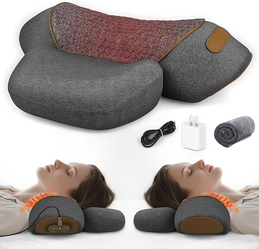 3-in-1 Neck Massager Pillow with Heat & Traction, Deep Tissue Cervical Traction Device for Neck Hump Corrector, Shoulder & Upper Back Pain Relief, Relaxing TheraPillow Support