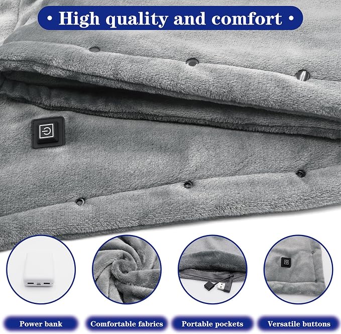 Cordless Wearable Heated Blanket with Power Bank, USB Battery Operated Electric Throw Shawl, 3 Heat Levels & 6 Zones, Soft Flannel Portable Warm Blanket for Home Office, Outdoor, Camping, Travel-Grey