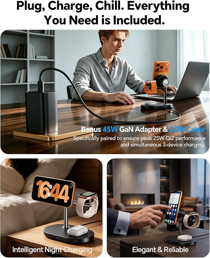 Qi2.2 25W 3 in 1 Wireless Charging Station with TEC Active Cooling Mag-Safe Charger Stand,Magnetic Qi 2 Wireless Charger for iPhone 17-8,Galaxy S26/S25/S24,Apple/Samsung Watch,Pods/Buds(45W Included)