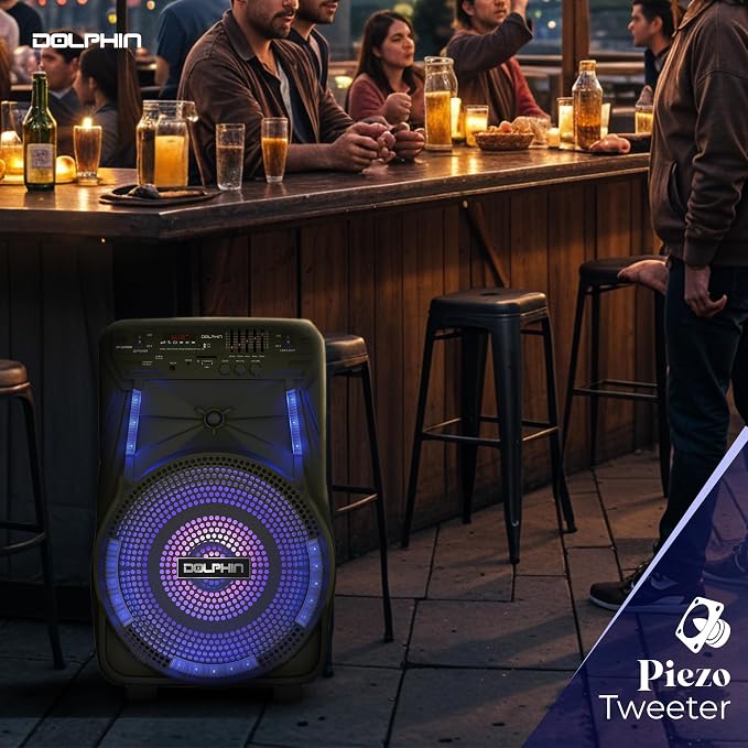 Dolphin 12-Inch Rechargeable Bluetooth Party Speaker – High Power Sound, TWS Compatibility, LED Lights, 5-Band Equalizer, Portable Design with Trolley and Wheels