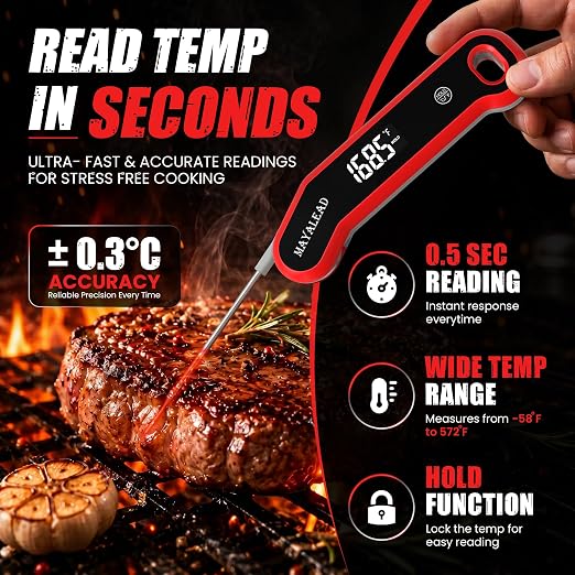0.5 Sec Instant Read Meat Thermometer Digital Food Thermometer for Cooking Precise ±0.3℃, Magnet Store, Large Bright LED Display IP67 Waterproof BBQ Thermometer for Grill, Oven & Kitchen (Red)