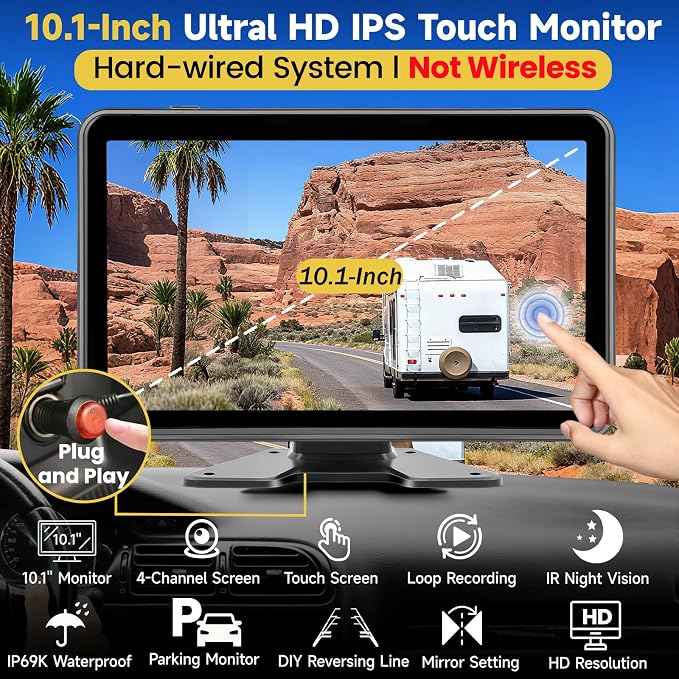 4 Wired Backup Camera System for Truck/RV, 10.1" HD 1080P Plug and Play Touch DVR Quad Split Monitor & 4 Side/Rear Camera Waterproof IR Night Vision Vibration-Proof for Trailer/Tractor/Heavy Equipment
