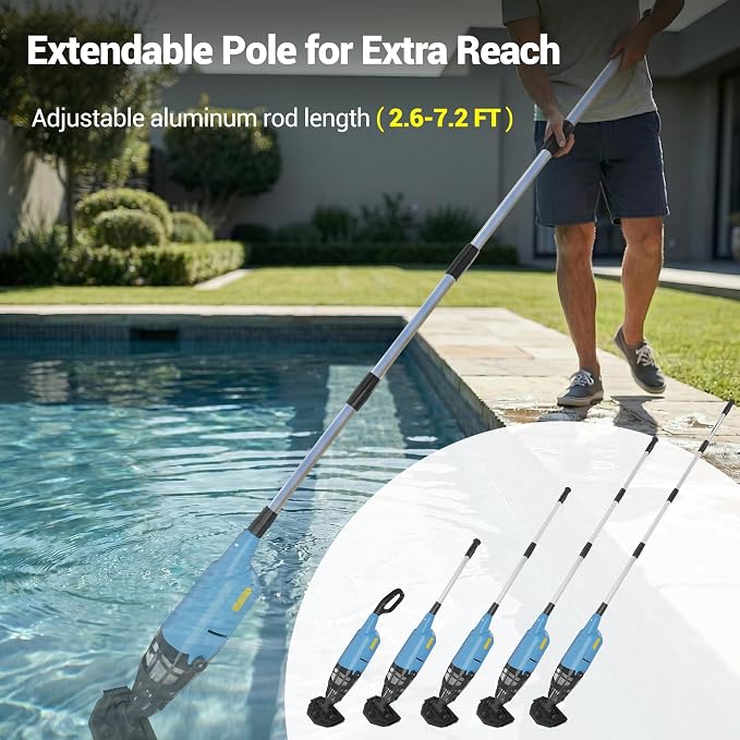 Pool Vacuum Above Ground Pool, 60min Runtime & 4-Section Aluminum Pole, 18 GPM Powerful Suction, Lightweight Cordless Handheld Rechargeable Pool Cleaner with 120μm Fine Filter (Blue)