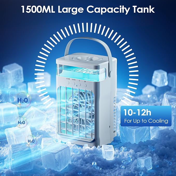 Portable Air Conditioner, Cooling Fan 3 Speeds & 3 Modes Personal Cooling Fan Mini Air Conditioner Fan with Remote, 1500ML Water Tank, Night Light, for Home Office Bedroom