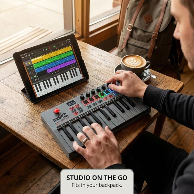 RockJam 25-Key Rechargeable USB MIDI Keyboard Controller – Mini Piano Keyboard with Velocity-Sensitive Pads, Synth Controller, Bluetooth/Wired MIDI, Arpeggiator, DAW Compatible
