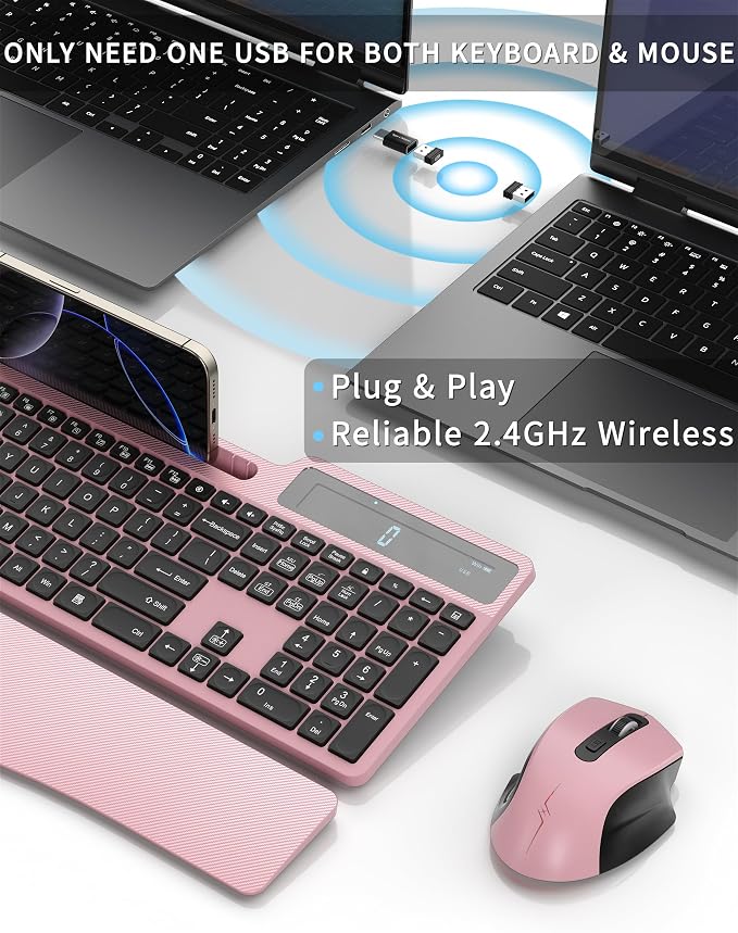 Wireless Keyboard Mouse Combo, Full Size Quiet Ergonomic Keyboard with Calculator, Backlit, Wrist Rest, Phone Holder, 2.4Ghz Silent Rechargeable Keyboard & Mouse for Laptop, PC, Windows (Pink Black)