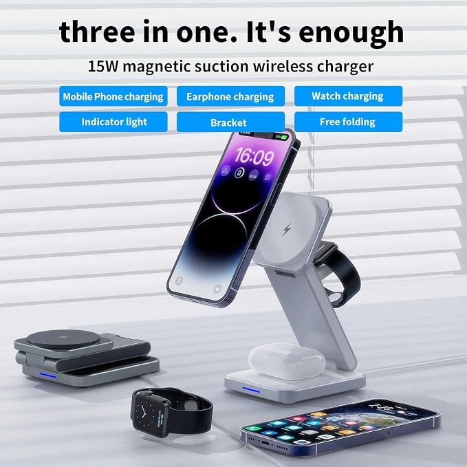 SIMPKEELY 3-in-1 Magnetic Wireless Charging Station, 15W Fast Charger Stand for iPhone/Apple Watch/AirPods, Foldable Design (Gray)