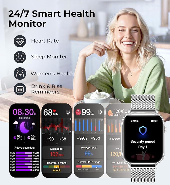 Iaret Smart Watch for Women, 1.83" HD Fitness Tracker with 4 Bands, Answer/Make Calls, Heart Rate/Sleep/SpO2/Step Tracking, 100+ Sport Modes, Android/iPhone Compatible Gift (Silver)
