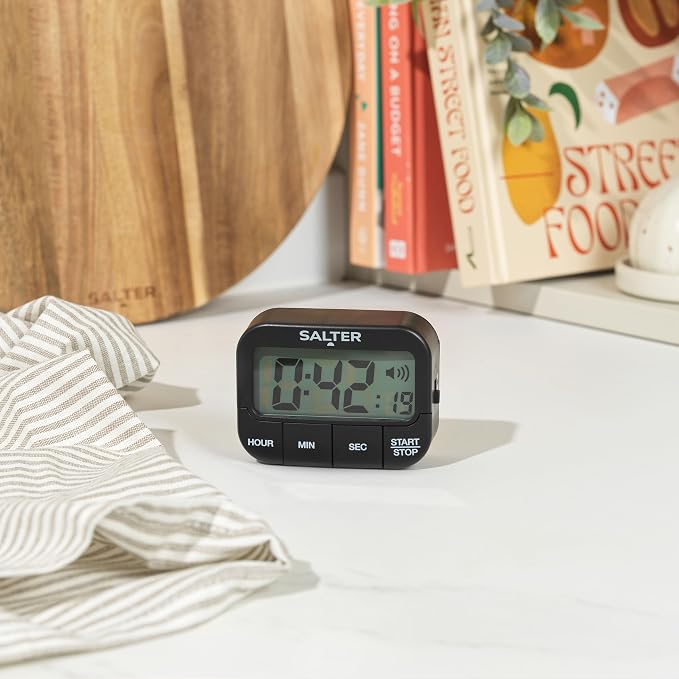 Salter Kitchen Digital Display Count up or Countdown Timer, Adjustable Loud Beeper, Large Start/Stop Button, Memory Function, Magnetic or Self Standing-Black, Plastic
