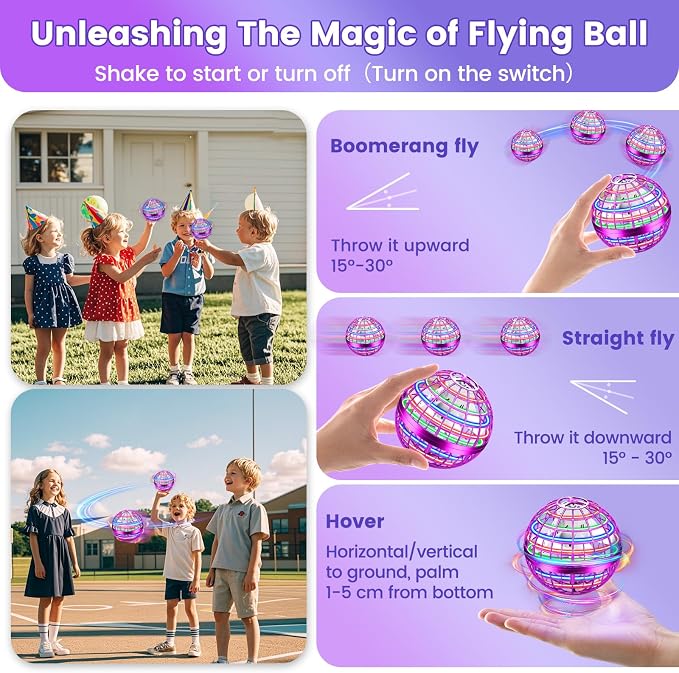 Flying Orb Ball Toy, 2026 Upgrade Hand Controlled Hover Ball with LED Lights,360° Rotating Boomerang Globe Cool Mini Drone, Ideal Birthday&Christmas Gift for Boys Girls-Bright Purple