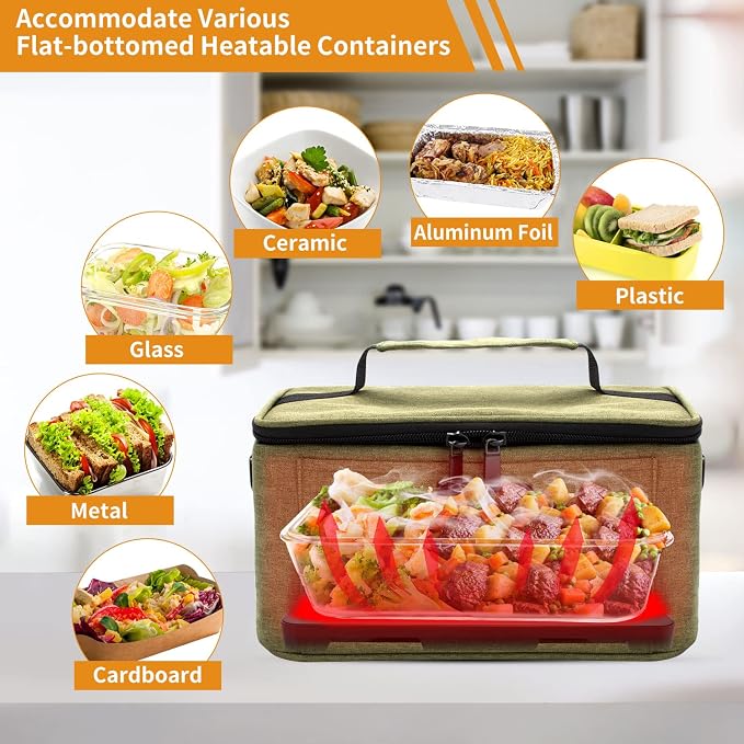Aotto Heated Lunch Box Food Warmer - 12V/24V 2-in-1 Car Food Warmer with Vehicle Plug - Mini Portable Electric Lunch Box Heater for Men and Women - Reheat & Keep Meals Warm On the Go - Green