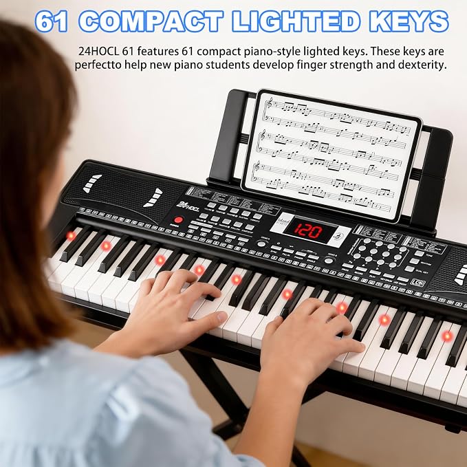 Keyboard Piano 61 Lighted Keys, Electric Keyboard Kit with 100 Voices, 100 Rhythms - Built-In Speaker, Microphone, Sheet Stand and Power Supply, Gift for Children Beginners [Black, Piano with Stand]