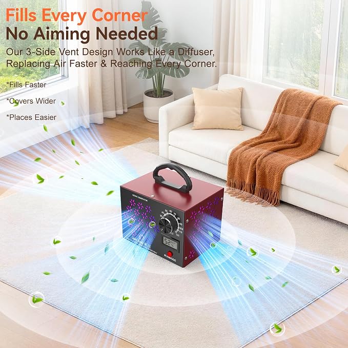 120,000mg/h Ozone Generator Machine with Temp/Humidity Display, Triple Side Vents for Enhanced Airflow - Faster & Wider Ozone Odor Eliminator Air Purifier for Home, Car, Pets, Up to 6000 Sqft