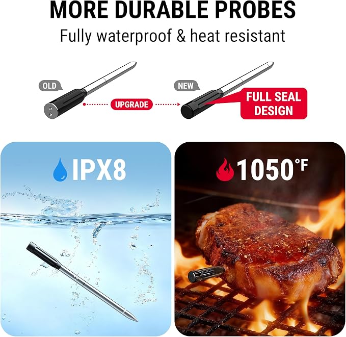 TempPro Upgraded Meat Probe Wireless Meat Thermometer, 500ft Bluetooth Meat Thermometer for Cooking Kitchen Oven Smoker, Rechargeable Meat Probe for Backyard Grill BBQ Gifts(Previously ThermoPro)