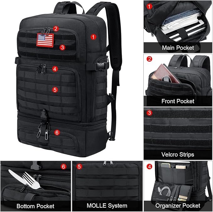BERTASCHE Lunch Backpack for Men, 17 inch Laptop Backpack for Work Travel Camping Tactical Molle Daypack, Black