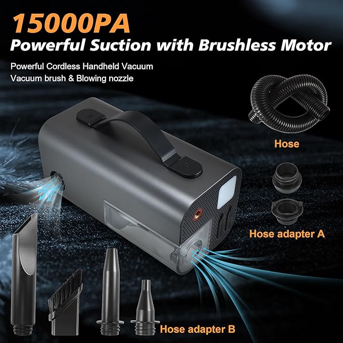Tire Inflator Portable Air Compressor,2000A Battery Car Jump Starter, Auto Shut-Off,160PSI Air Pump with Tire Gauge Pressure&LED Light,15000PA Vacuum with Suction &Blow, for Cars, Motorcycles, Balls