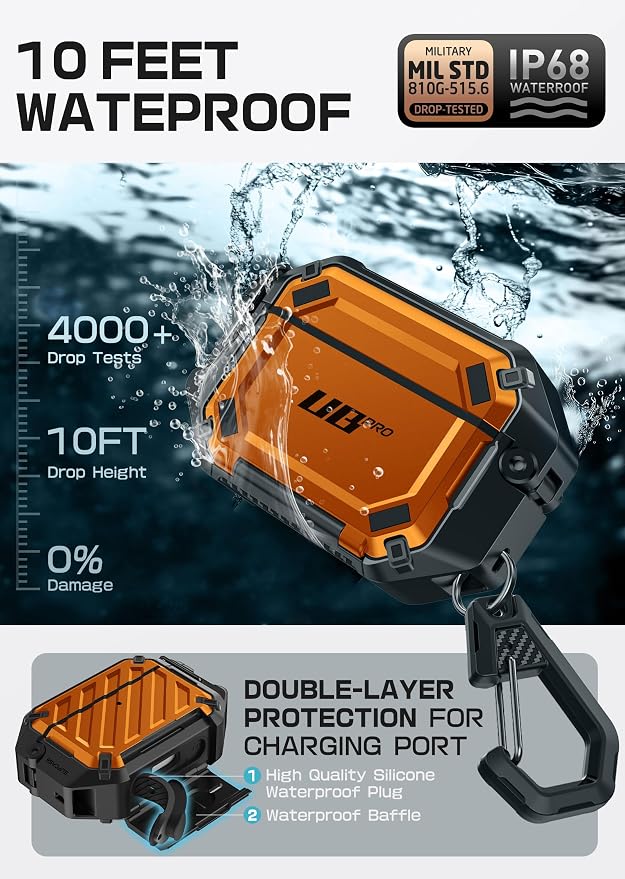 SUPCASE for AirPods Pro 3 Case with Lock & Carabiner, IP68 Waterproof, Compatible with MagSafe, Military-Grade Protection Anti-Scratch Hard Shell Cover for AirPods Pro 3rd Generation 2025, Coral